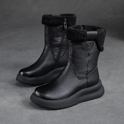 Koznoy 5cm Natural Genuine Leather Chunky Cow Spring Rubber Ankle Boots Soft Soled Winter Plush Flats Booties Autumn Women Shoes