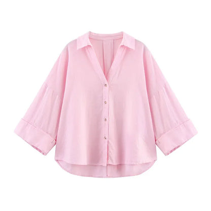 HipSeam Wide Sleeved Shirt Women Spring Asymmetric Hem Button Women's Shirts Simple Lady Johnny Collar Linen Shirts & Blouses