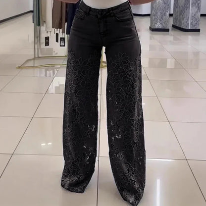 High Waist Wide Leg Jeans Pants Summer Fashionable Lace Splicing Hollow Out Denim Draping Jeans Ladies Cotton Zipper Spring