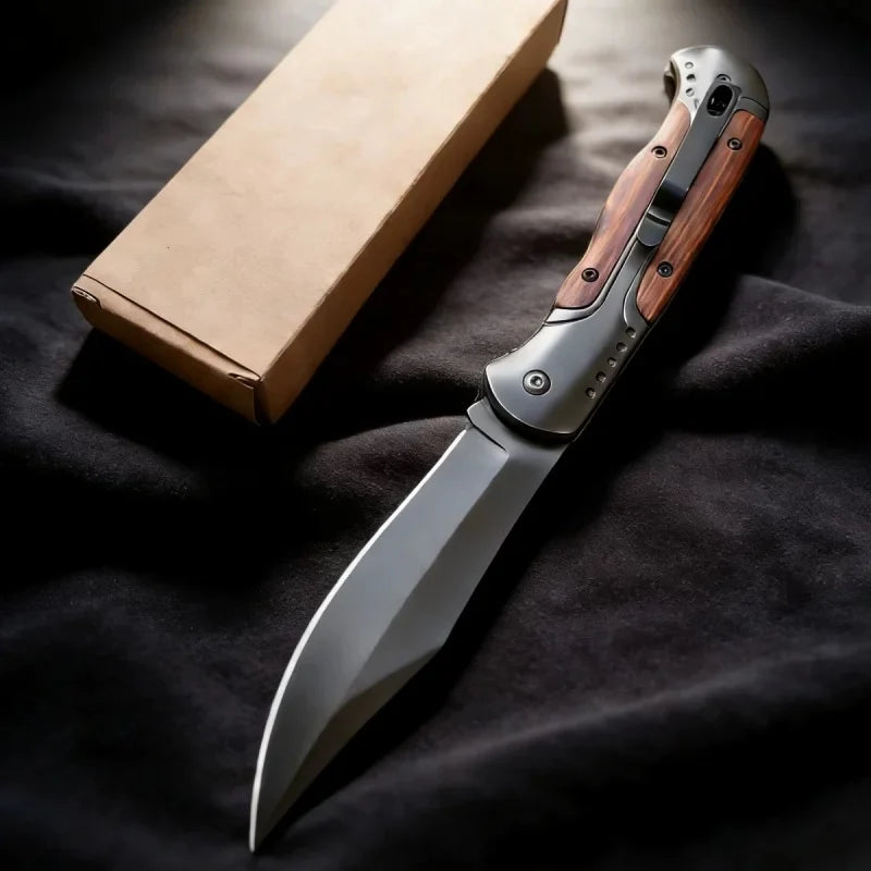 Lightweight Folding Utility Knife with Wooden Inlay, Stainless Steel Blade, Non-locking Design for Camping, Hiking and Outdoor T