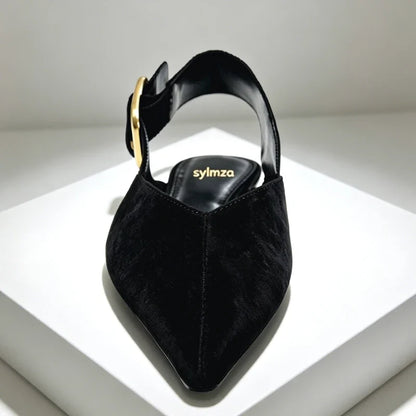 Fashion Metal Buckle Design Flat Sandals Women 2026 New Brown Suede Pointed Toe Slingback Designer Shoes Comfortable Women Shoes