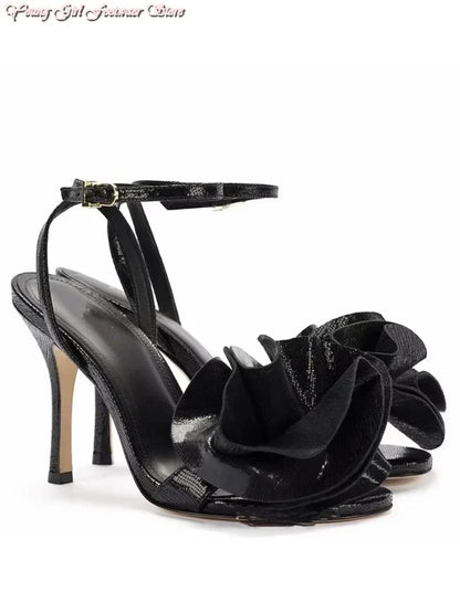 gold Roses One-strip Women's Sandals Pointed French Runway Style High Heel 2026 Spring Autumn Style Manual Luxury Women's Shoes