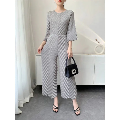 2026 Spring New Women Handmade Pleated Pants Set Comfortable Casual Seven Sleeve T-Shirt Top Loose Wide Leg Pants 2 Piece Set