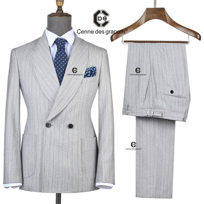Cenne Des Graoom 2025 Light Grey Striped Double-Breasted Men Suits With Patch Pocket Tailor-Made For Office Wear Wedding Bestman