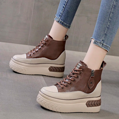 High Top Women Shoes Genuine leather 8cm Platform Boots Wedge Hidden Heel Zip Spring NEW Autumn Warm Fur Winter Shoes Sneakers
