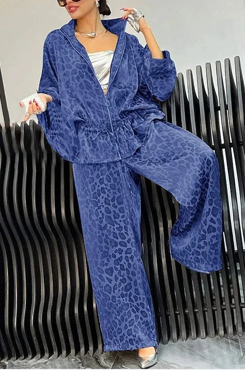 Spring Autumn Fashion Leopard Print 2 Piece Sets Women Fall Lapel Zipper Drawstring Coat Wide-leg Pants Outfit  Long Sleeve Suit