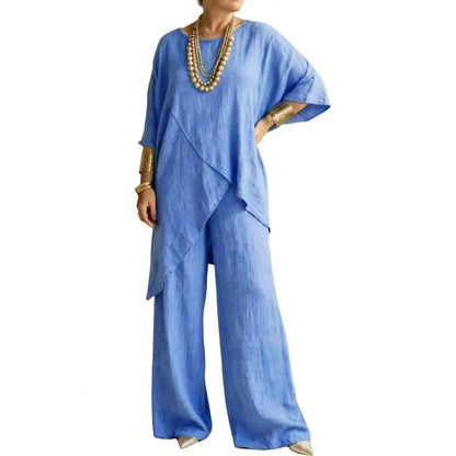 Matching Lounge Sets Women 3/4 Sleeve Top And Wide Leg Pants Cotton Linen 2 Piece Set