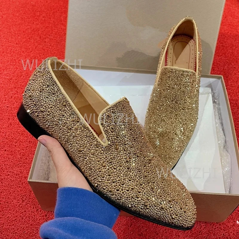 Gold Full Crystal Shiny Men's Loafers Wine Red Black Gradient Oxfords Flat Shoes Party Luxury Clogs Round Toe Casual Print Shoes