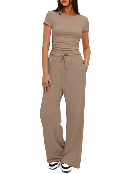 Summer Solid Loose Casual Tracksuit Women's Two Pieces Set O Neck Short Sleeves T-shirts and Wide Leg Pants Sets Sportswear Set