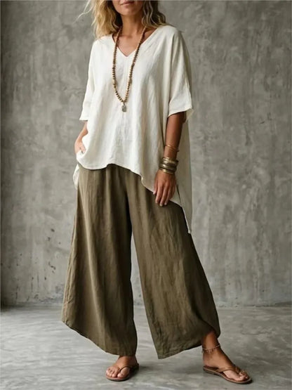 Summer New Loose Retro Short-sleeved T-shirt Trousers 2-piece Set Women's Fashion Irregular Top + Wide-leg Trousers Set Female