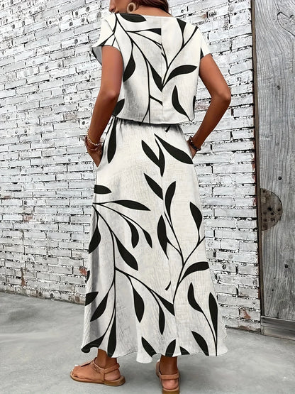 Plus Size Women's Black Leaf Print Short Sleeve Top + Maxi Skirt 2-Piece Set - Casual Daily Style (0XL-4XL)