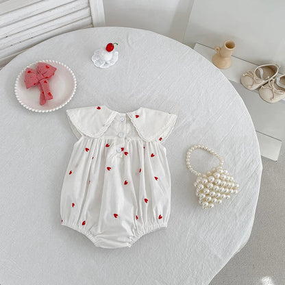 2026 New Summer Newborn Baby Girl Jumpsuit 0-24M Baby Girl Clothing Sleeveless Cotton Heart Print Princess White Rompers