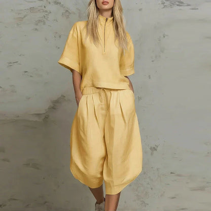 Summer Zipper Half Sleeve Shirt High Waist 3/4 Length Pants Suit Women Comfortable Two Piece Set Female Tracksuits