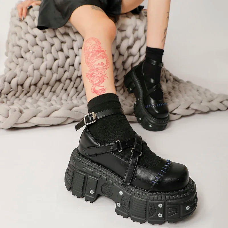 Gothic Mary Janes For Women Crossed-tied Ankle Strap Platform Shoes Round Toe Thick Bottom Female Shoes Punk Women Shoes 2026