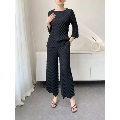 2026 Spring New Women Handmade Pleated Pants Set Comfortable Casual Seven Sleeve T-Shirt Top Loose Wide Leg Pants 2 Piece Set