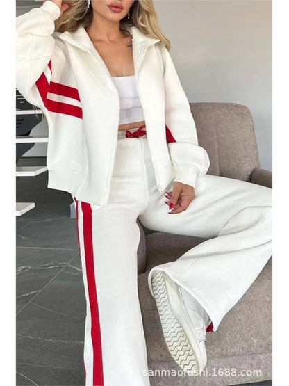 Striped Zipper Coat+sweatpants Two Piece Set Women Casual Batwing Sleeve Sports Jacket Outfits Autumn Winter Sweatshirt Suit Y2K