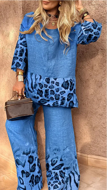 2025 New Summer Leopard Print Two Piece Set Women Fashion Casual Loose Short Sleeves Blouses Splicing Tops Wide Leg Pants Suits