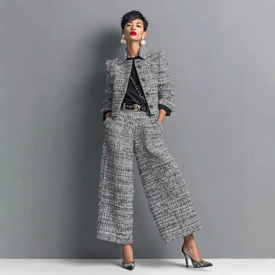 Fashionable Commuter Women's Suit Casual Solid Color Lapel Cardigan Short Jacket Paired With Loose Wide-leg Pants Two-piece Set