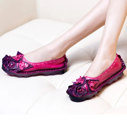GKTINOO Retro Women Shoes Loafers Big Flower Soft Soles Casual Low Heel Luxury Shoes Flats Elegant Genuine Leather Ladies Shoes