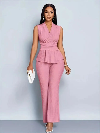 New Spring Summer Women's Trousers Two-piece Elegant Slim V-neck Sleeveless Irregular T-shirt Wide-leg Pants Office 2-piece Set