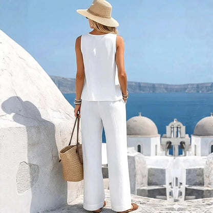  Women Vacation 2 Piece Outfit Sleeveless Tank Loose Top Pockets Wide Leg Pants Cotton Linen Blend Casual Summer Beach Wear