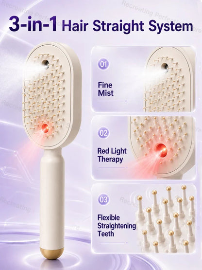 No Heat Electric Hair Straightening Brush with Fine Mist Spray Red Light Care Straightener Smoothing Wet & Dry Use Fast Charge
