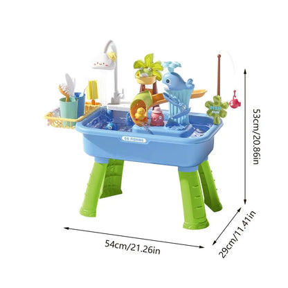 Kitchen Water table Sets with Pump,Tableware & Fishing Game for Kids,Children's Play Sink with Running Water & Electric Faucet
