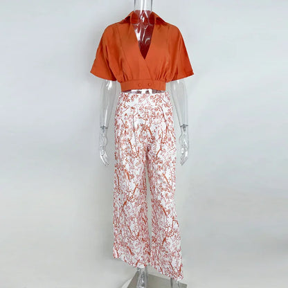 Women's Bell Bottom Pants Suit Solid Color Half Sleeve V-neck Shirt Printed Top Wide Leg Pants Summer Fashion 2 Piece Set
