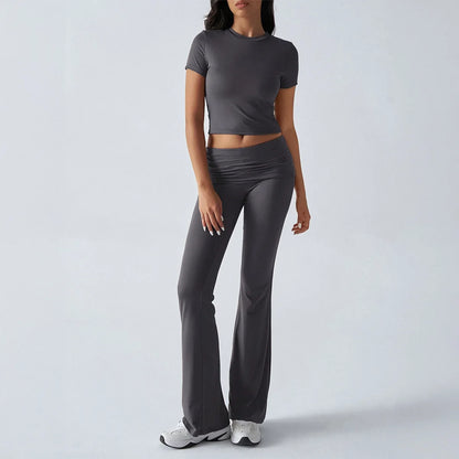 Women Casual Bodycon Two Pieces Set Short Sleeve Crop Top Slim High Waist Running Tracksuit Suit Summer Pants Outfit 2PCS