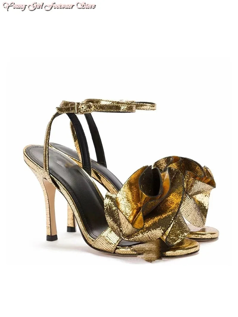 gold Roses One-strip Women's Sandals Pointed French Runway Style High Heel 2026 Spring Autumn Style Manual Luxury Women's Shoes