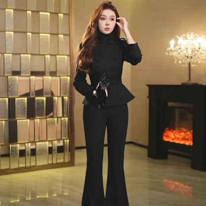 Fashion Two-Piece Set 2026 Spring And Autumn New Slim Women Double Breasted Stand Up Collar Suit Blazer Pants Suit Brown Black