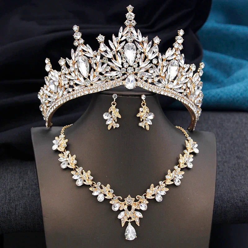 Royal Queen 3 Pcs Tiaras and necklace earrings for Bridal Jewelry Sets Women Brides Wedding Crown Prom Birthday Accessories