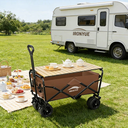 Heavy Duty Foldable Camping Wagon with Wooden Table Board All-Terrain Wheels Collapsible Utility Cart Large Capacity Portable
