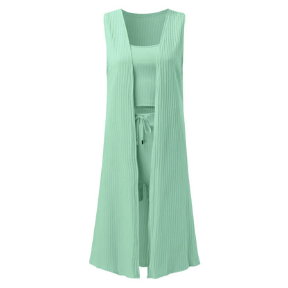 Solid Color 3 Piece Pants Set Women Fashion Casual Stretchy Wear Ladies Ribbed Casual Sleeveless Coat Vest And Shorts Suits