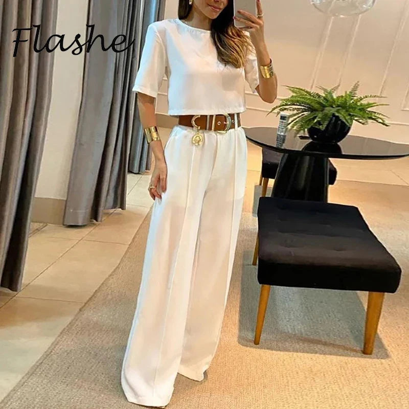 Fashion Office Lady Two Piece Sets O Neck Short Sleeve Short Shirt High Waist Straight Pants Suit Female Summer Outfits