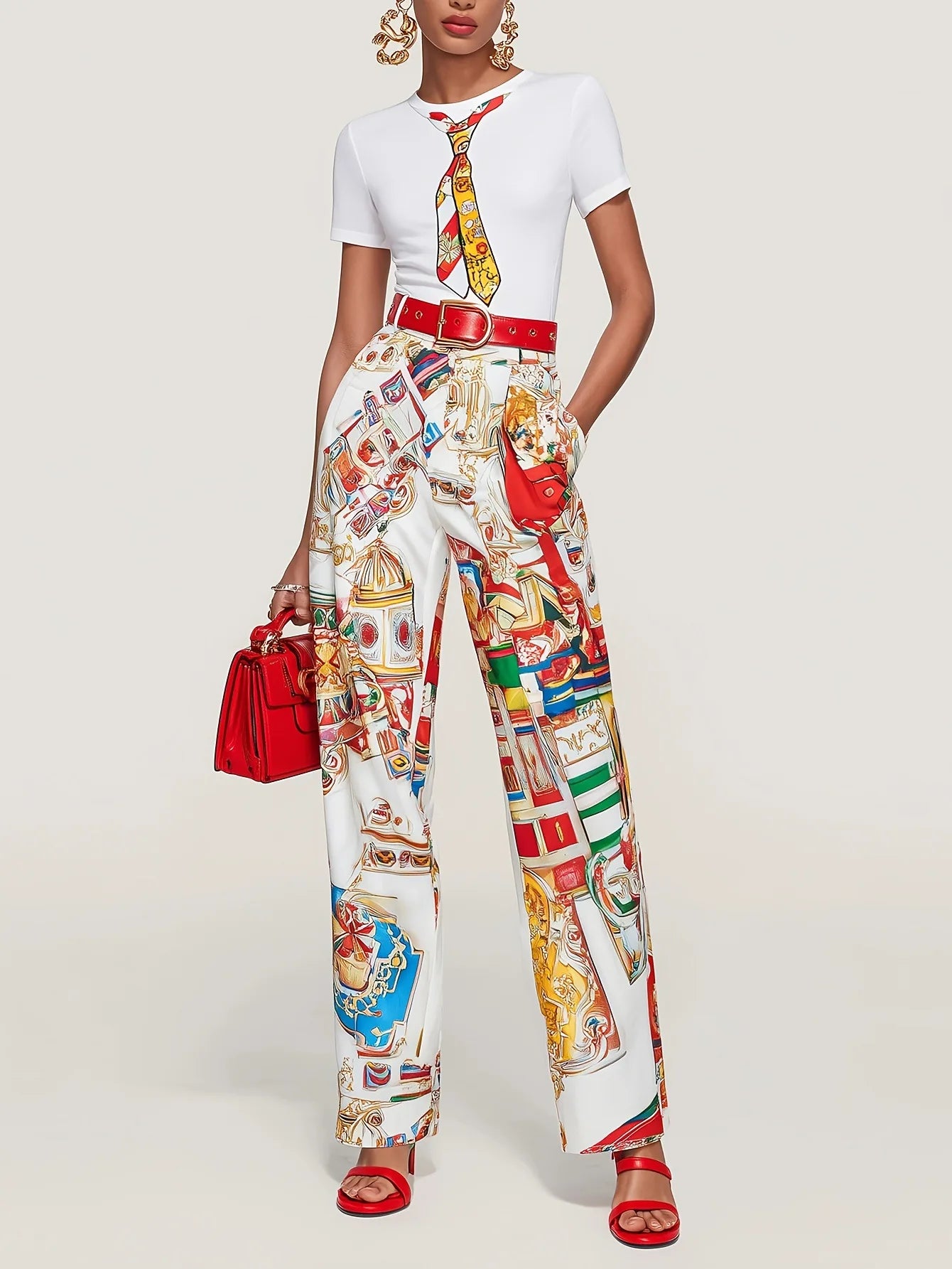 Spring Urban Patterns Printing Trousers Suit Women Round-neck Short Sleeve Tops+high Waist Straight Pants Autumn Two Piece Set