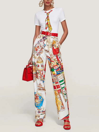 Spring Urban Patterns Printing Trousers Suit Women Round-neck Short Sleeve Tops+high Waist Straight Pants Autumn Two Piece Set