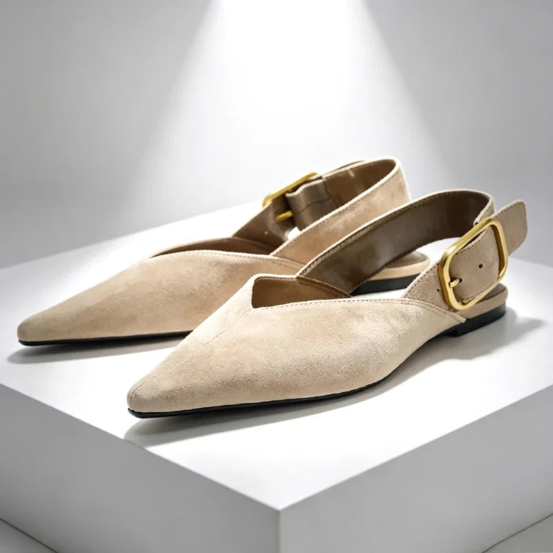 Fashion Metal Buckle Design Flat Sandals Women 2026 New Brown Suede Pointed Toe Slingback Designer Shoes Comfortable Women Shoes