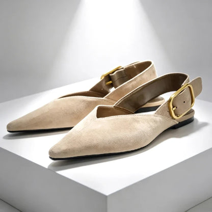 Fashion Metal Buckle Design Flat Sandals Women 2026 New Brown Suede Pointed Toe Slingback Designer Shoes Comfortable Women Shoes
