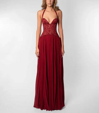 Green Corset Halter Long Dress Women Backless Off Shoulder Pleated Patchwork Slim Maxi Dress 2026 Summer Lady Party Evening Gown