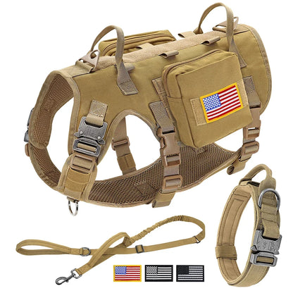 Tactical Dog Harness Collar Leash Set Military Training Pet Vest with Pouches Flags Durable Collars for Big Dogs German Shepherd
