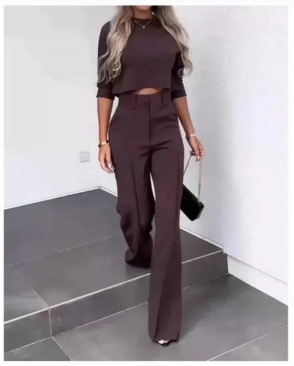 Casual Long Sleeve Shirt Pants Set Office Lady Spring Autumn Fashion Solid O-neck Tops Trousers Two Piece Set Women Outfit 2023