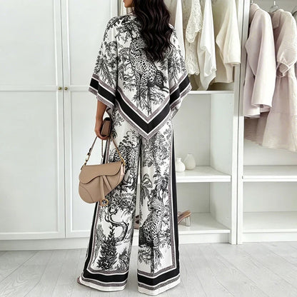 Vintage Printed Shirt High Waist Wide Leg Pants Suit Women Casual Two Piece Set Irregular 3/4 Length Shirt Trousers Holiday Sets