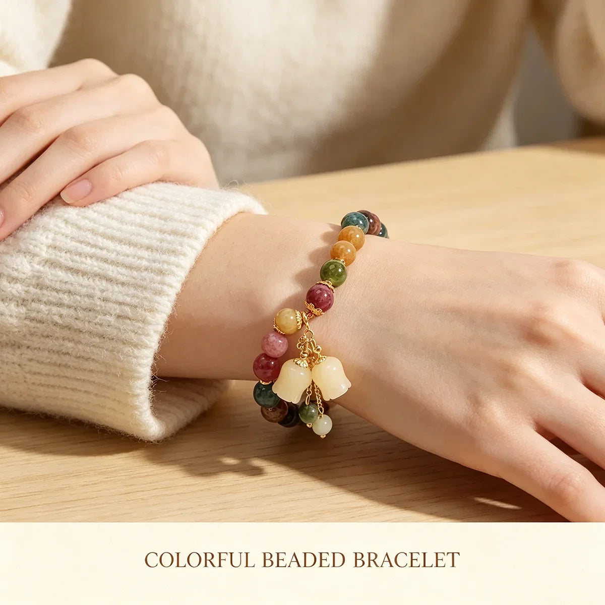 Vintage Antique Style Beaded Bracelet, Chinese Multi Gemstone Wristband with Carved Lily of The Valley Pendant, Retro Heirloom Aesthetic Jewelry Gift for Classic Fashion Lovers