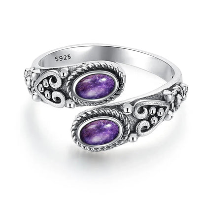 925 Vintage Silver Ring with Natural Moonstone 6*8mm Adjustable Rings Flower Bohemia Style Fine Jewelry for Women