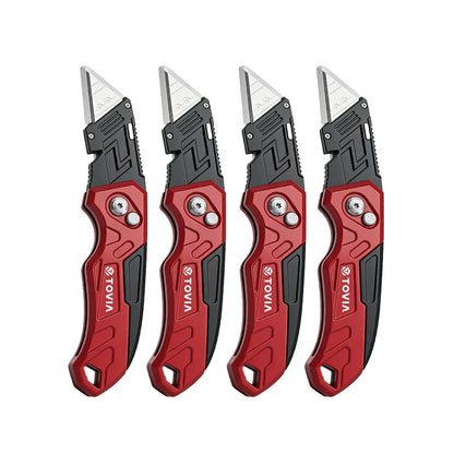 T TOVIA Folding Utility Knife with Blade Storage - Quick-Change Retractable Box Cutter, 3 Extra Blades in Handle, Aluminum Body.