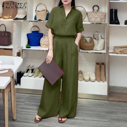 Summer Women's Casual Pant Suits Wide Leg Pant & Half Sleeve Shirt 2 Piece Sets ZANZEA Solid Color Commuting Day Wear Pant Sets