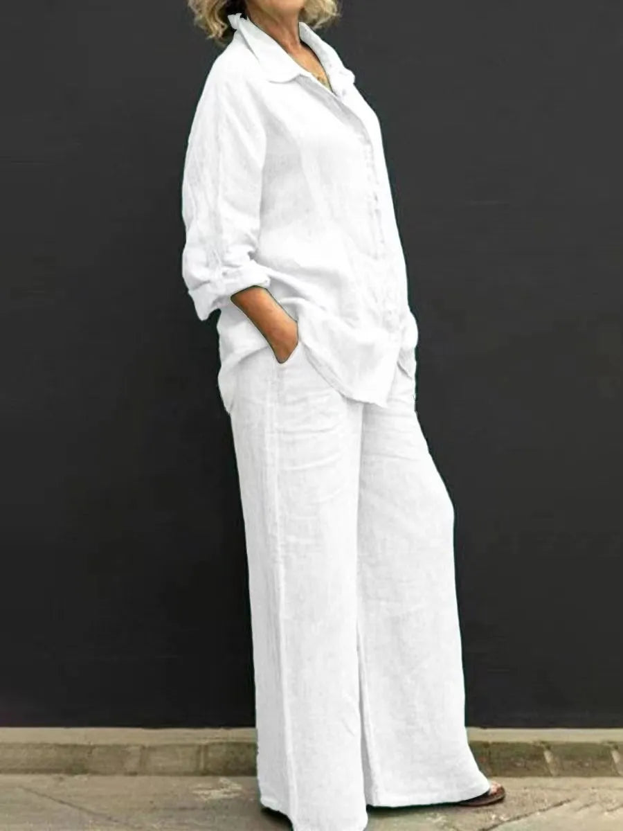 Solid Color Linen Two Piece Sets Women Outfits Spring Autumn Simple Long Sleeve Shirt Loose Trousets Set Office Casual Suit