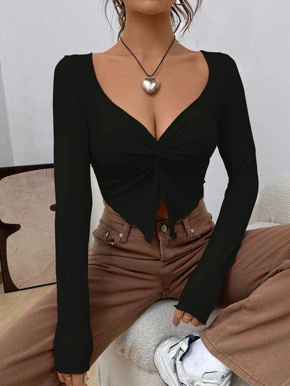 Fairyshely 2026 Autumn Winter V Neck Bodycon T-shirt Sexy Women Long Sleeve Bodycon Crop Top Lady Apricot Y2K Club Short Tops