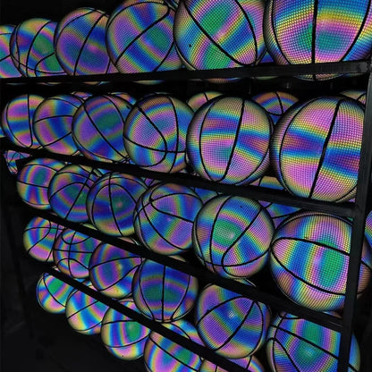 Luminous Basketball Ball Holographic Reflective Lighted Flash Ball PU Wear-Resistant Glowing Basketball Night Sports Game